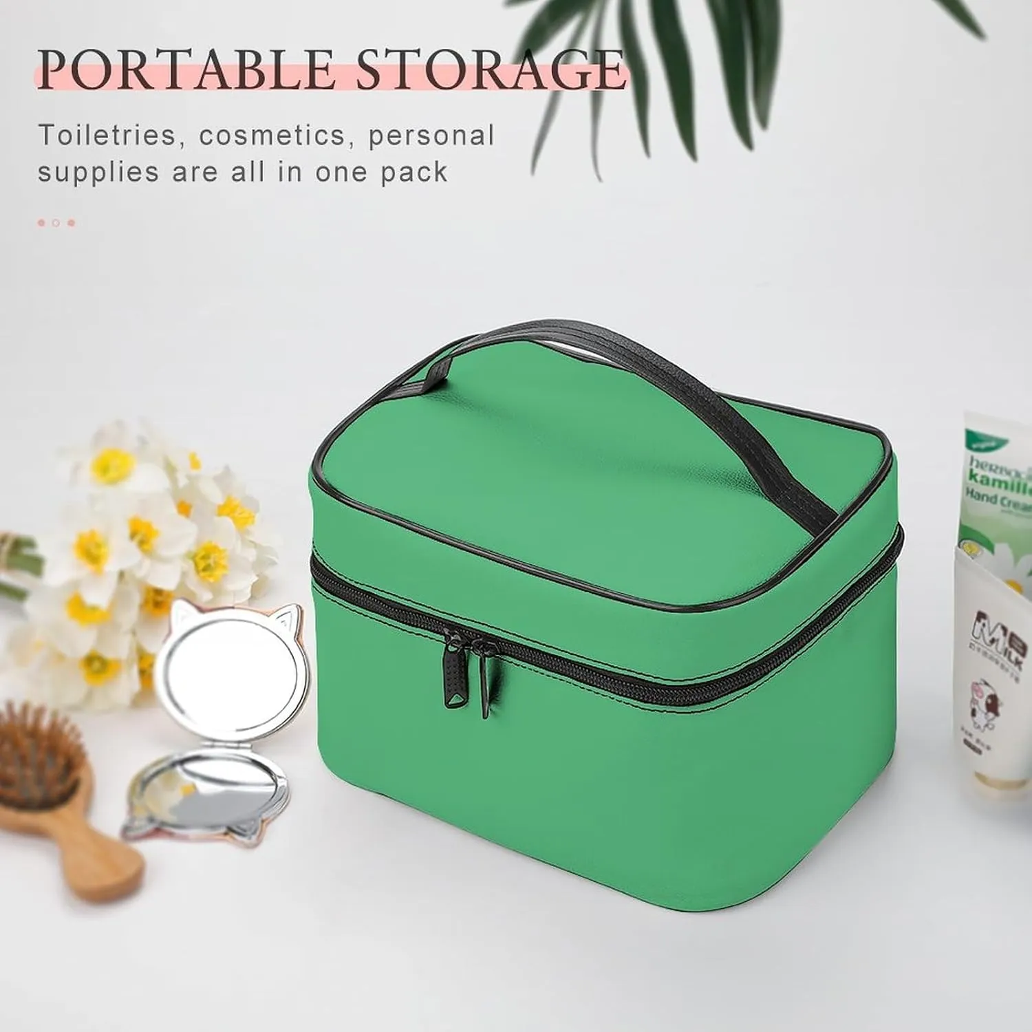 Makeup Bag, Modern Green Travel Cosmetic Bag Makeup Organizer Case Large Capacity Portable Zipper Toiletry Bag for Women