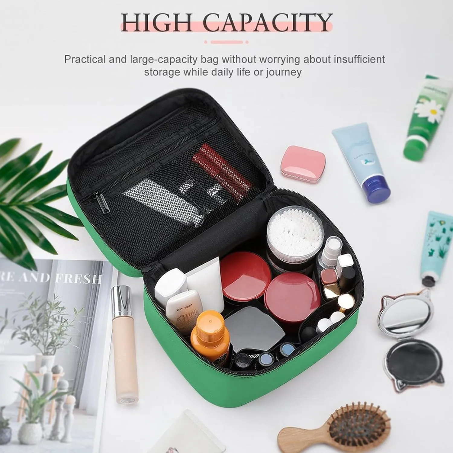 Makeup Bag, Modern Green Travel Cosmetic Bag Makeup Organizer Case Large Capacity Portable Zipper Toiletry Bag for Women
