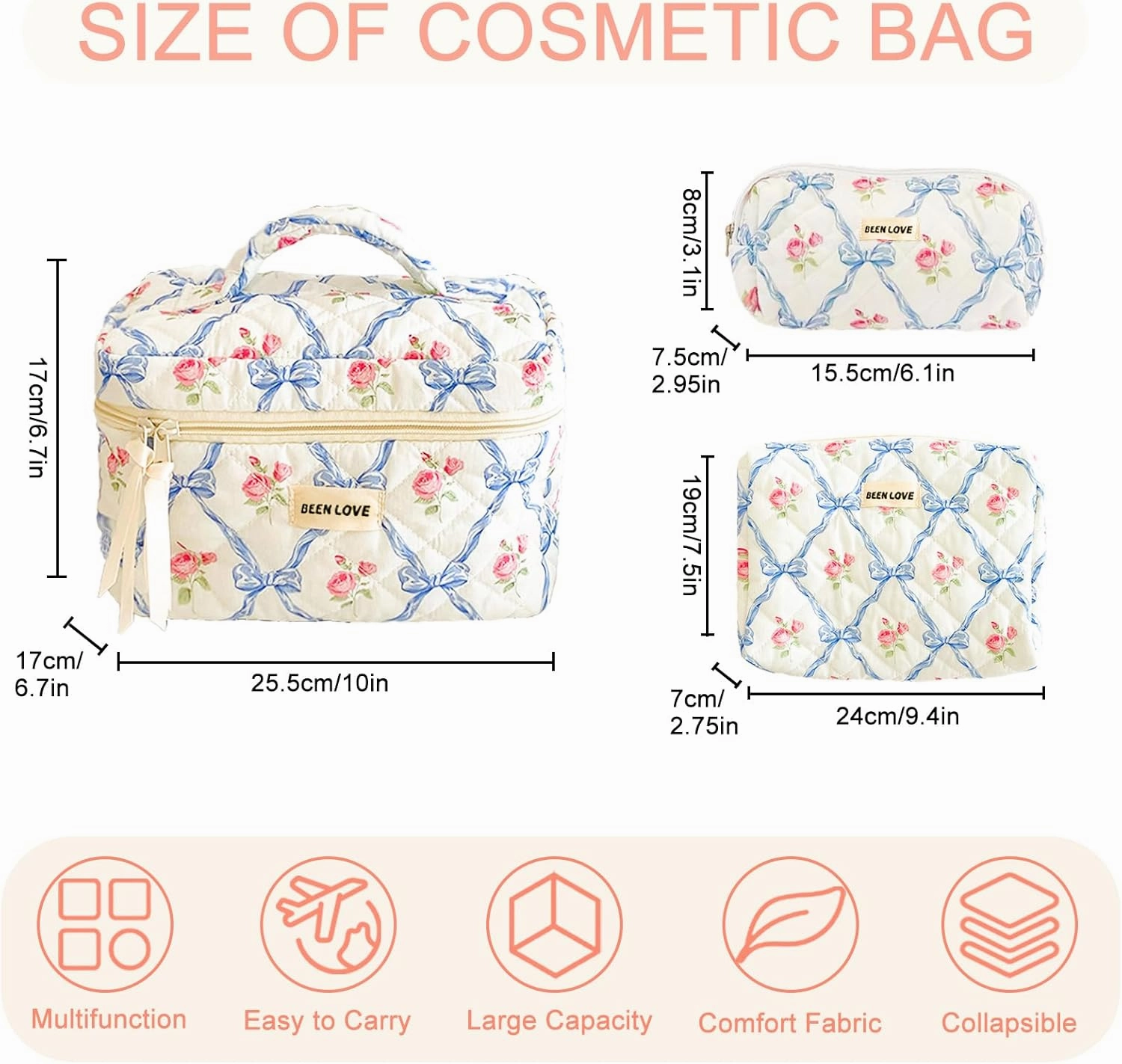 Makeup Bag Set, Large Travel Cosmetic Bags for Women, 3pcs Cute Floral Makeup Bags, Cotton Quilted Toiletry Organizer Bag, Women's Emergency Bag (Blue)
