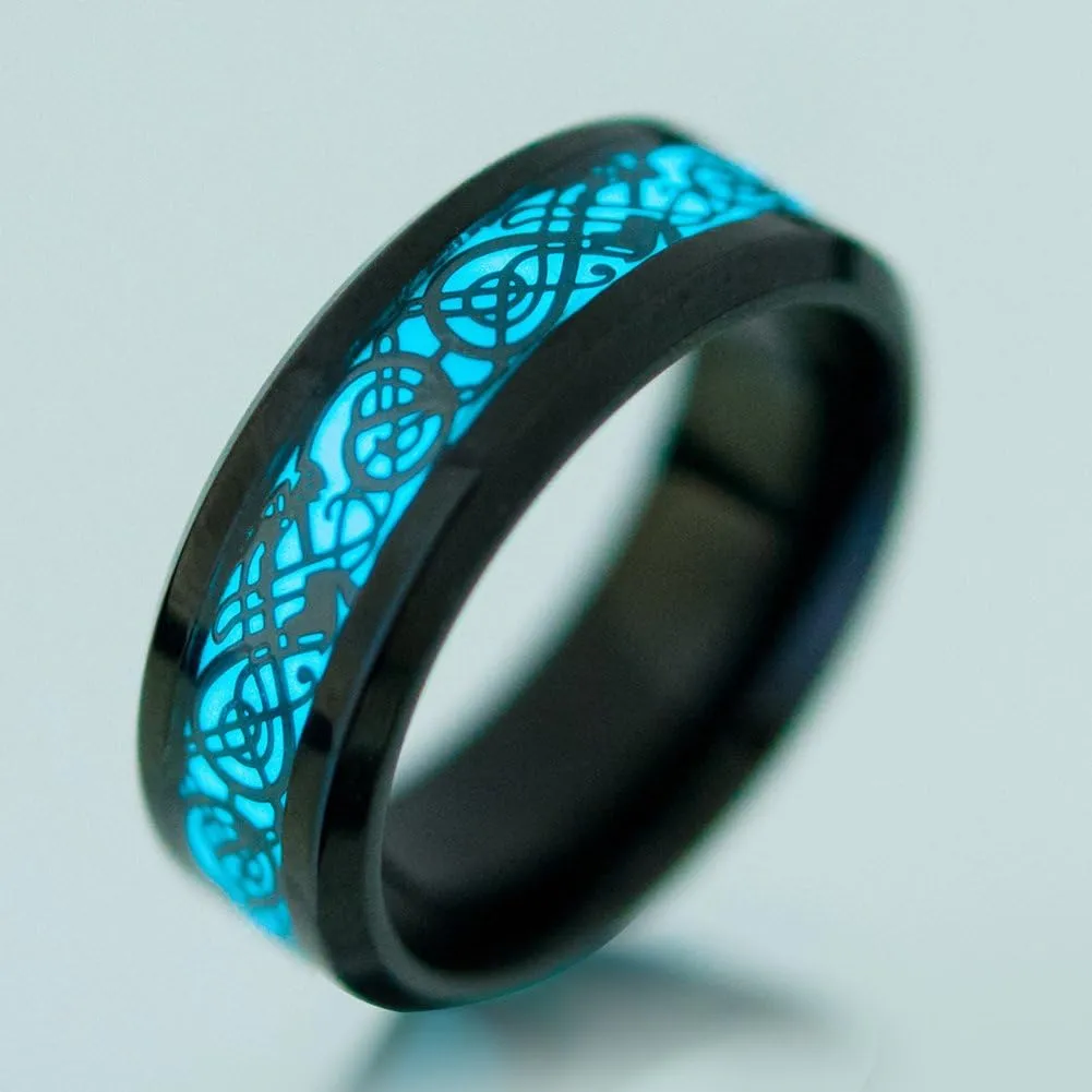 Men's 8mm Black Carbon Fiber Celtic Dragon Blue Luminous Effect Ring Band Glow in The Dark