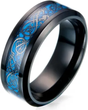 Men's 8mm Black Carbon Fiber Celtic Dragon Blue Luminous Effect Ring Band Glow in The Dark