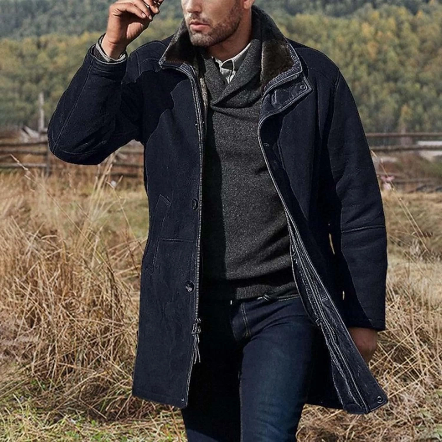 Mens Western Cowboy Jacket Long Trench Coats Zip Up Stand Collar Jacket Winter Vintage Cowboy Peacoat Retro Tops