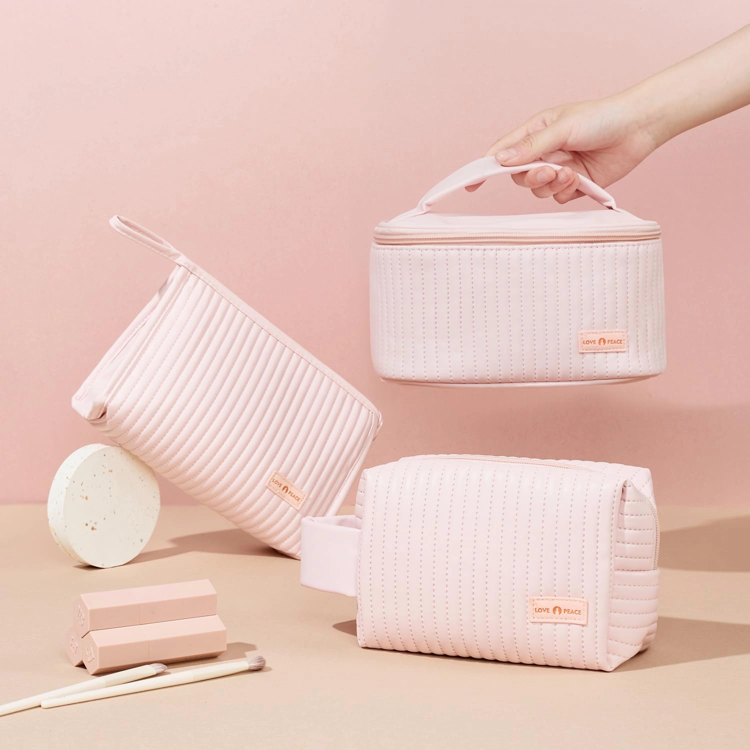 MIRASON Makeup Bag Set of 3 Cute Cosmetic Travel Toiletry Bag Organizer Pouch Set for Women PU Leather Waterproof Toiletry Bag 3 Piece Set, Light Pink