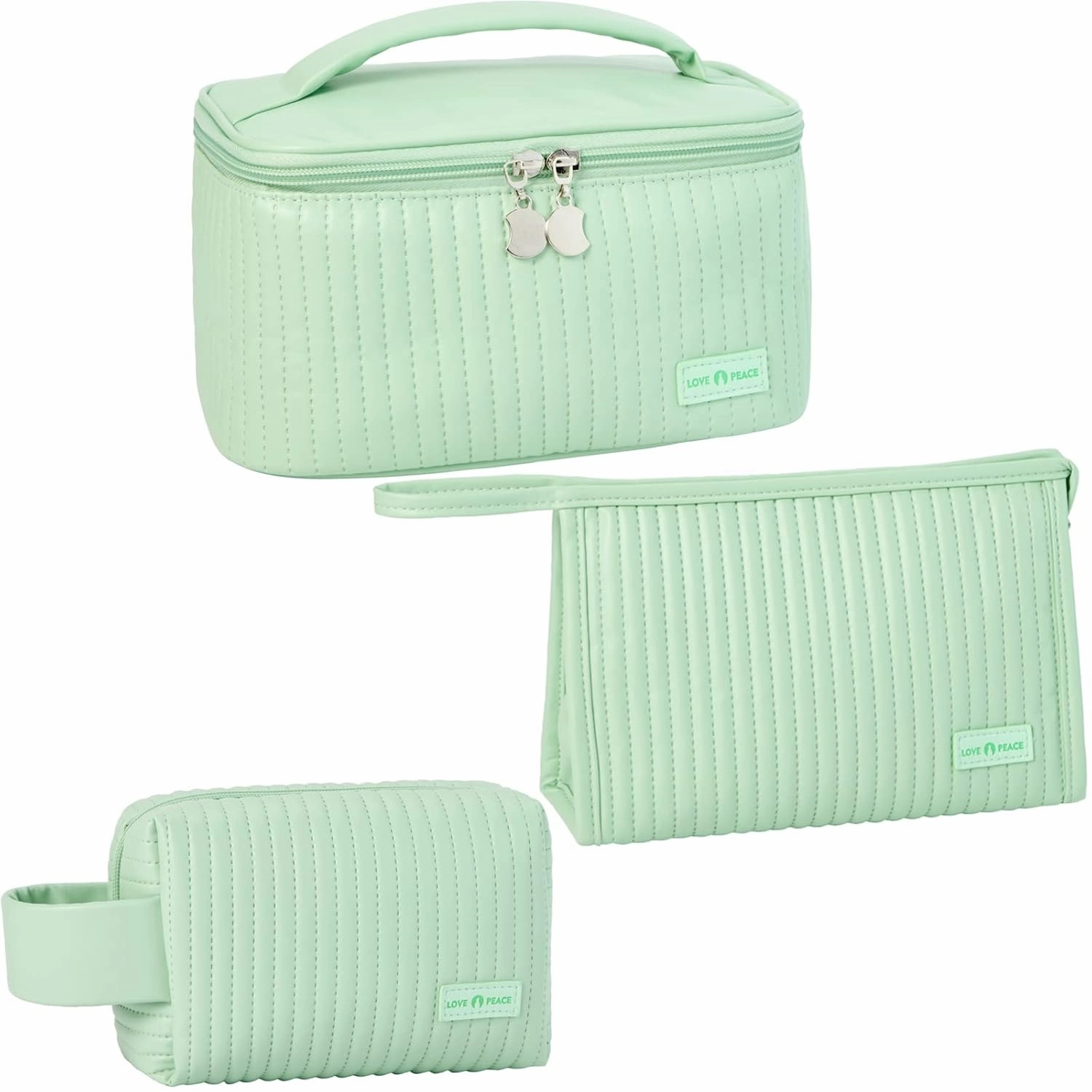 MIRASON Makeup Bag Set of 3 Cute Cosmetic Travel Toiletry Organizer Bag Pouch Set for Women PU Leather Waterproof Toiletry Bag 3 Piece Set, Green