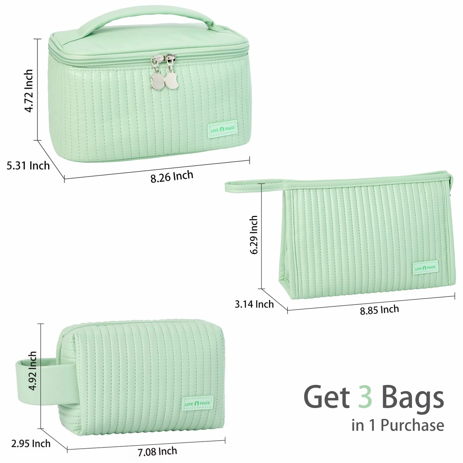 MIRASON Makeup Bag Set of 3 Cute Cosmetic Travel Toiletry Organizer Bag Pouch Set for Women PU Leather Waterproof Toiletry Bag 3 Piece Set, Green