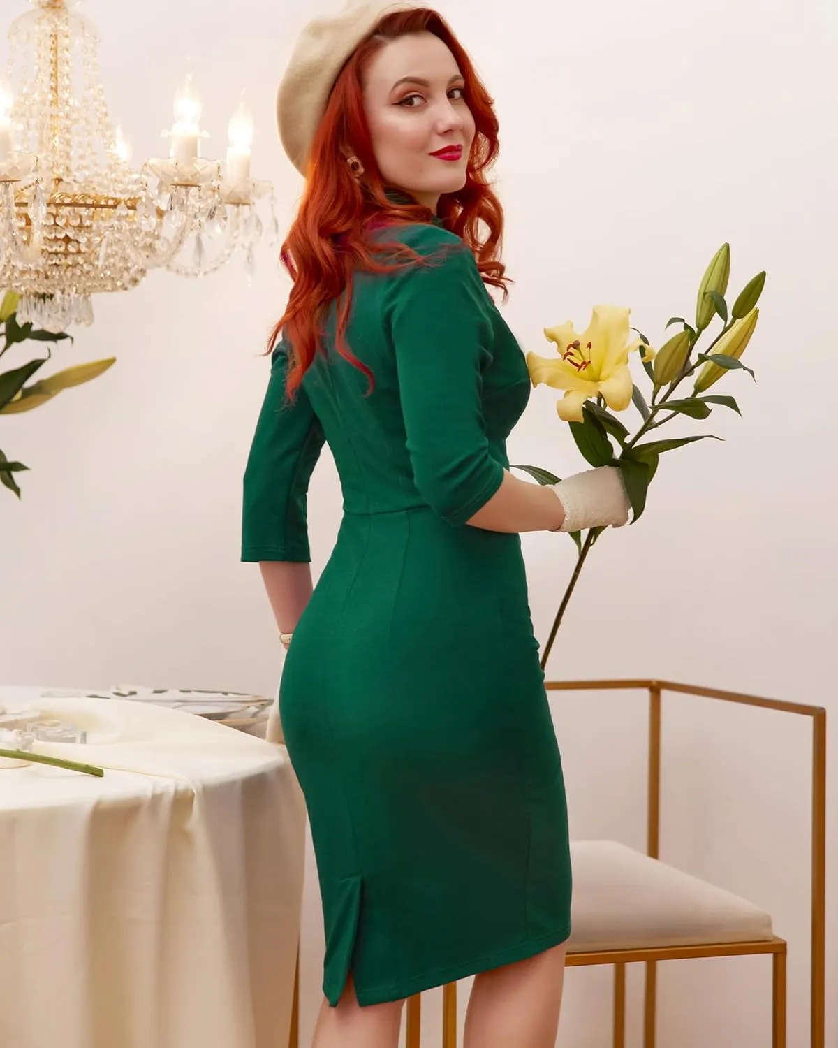Miusol Women's Retro Half Collar Ruffle 2/3 Sleeve Cocktail Pencil Dress