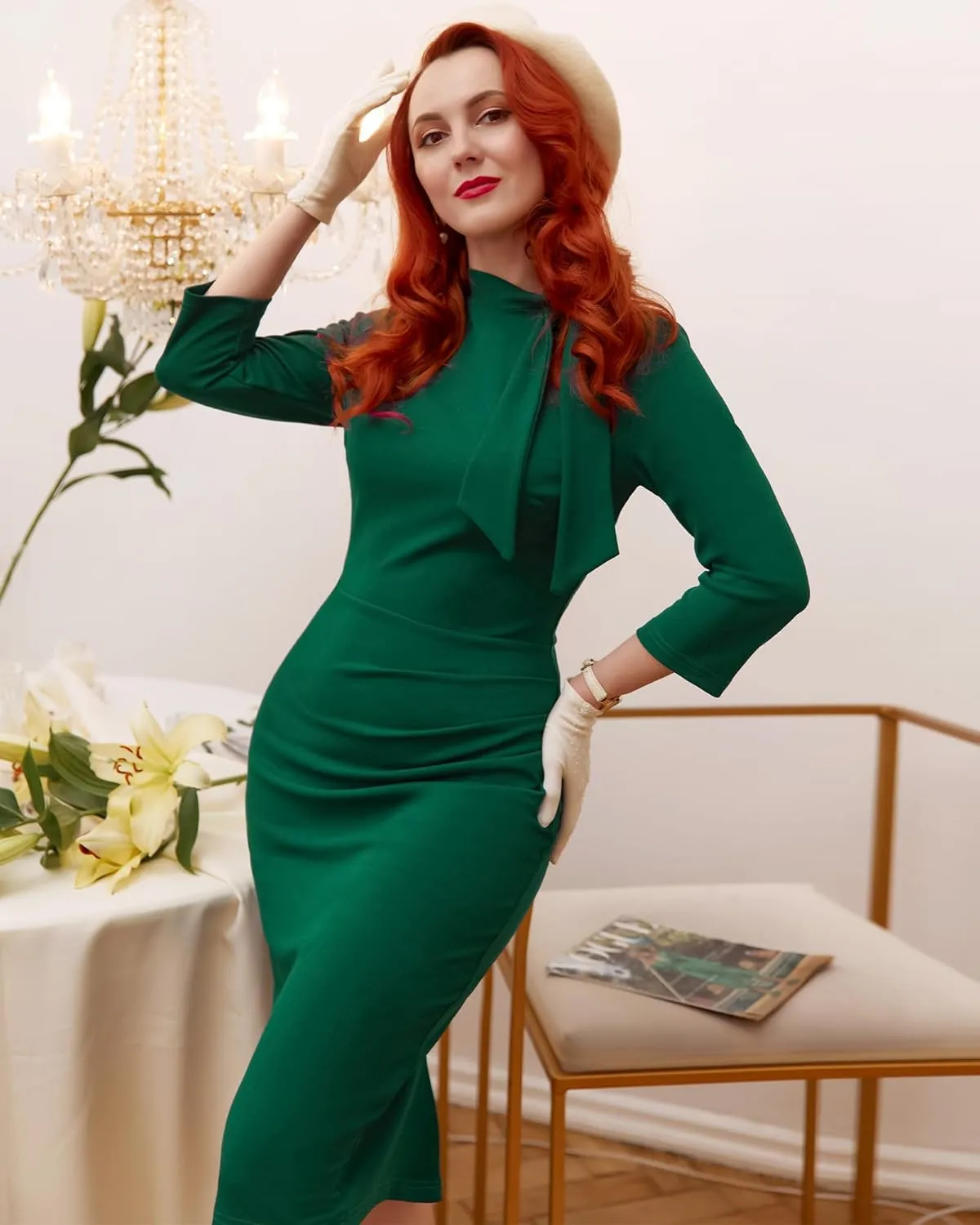 Miusol Women's Retro Half Collar Ruffle 2/3 Sleeve Cocktail Pencil Dress