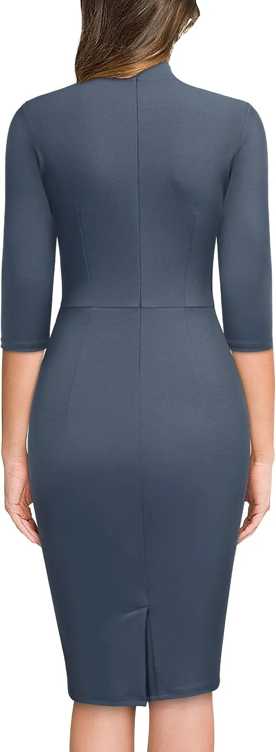 Miusol Women's Retro Half Collar Ruffle 2/3 Sleeve Cocktail Pencil Dress