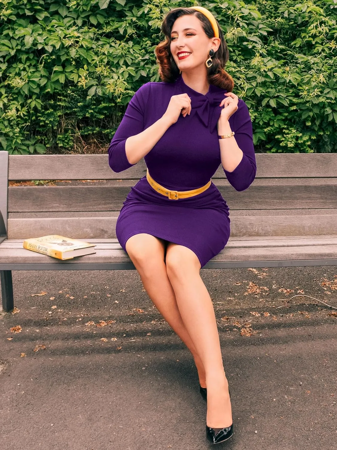 Miusol Women's Retro Half Collar Ruffle 2/3 Sleeve Cocktail Pencil Dress