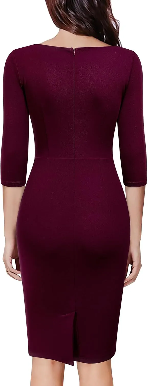 Miusol Women's Retro Ruffle Style 2/3 Sleeve Slim Work Pencil Dress
