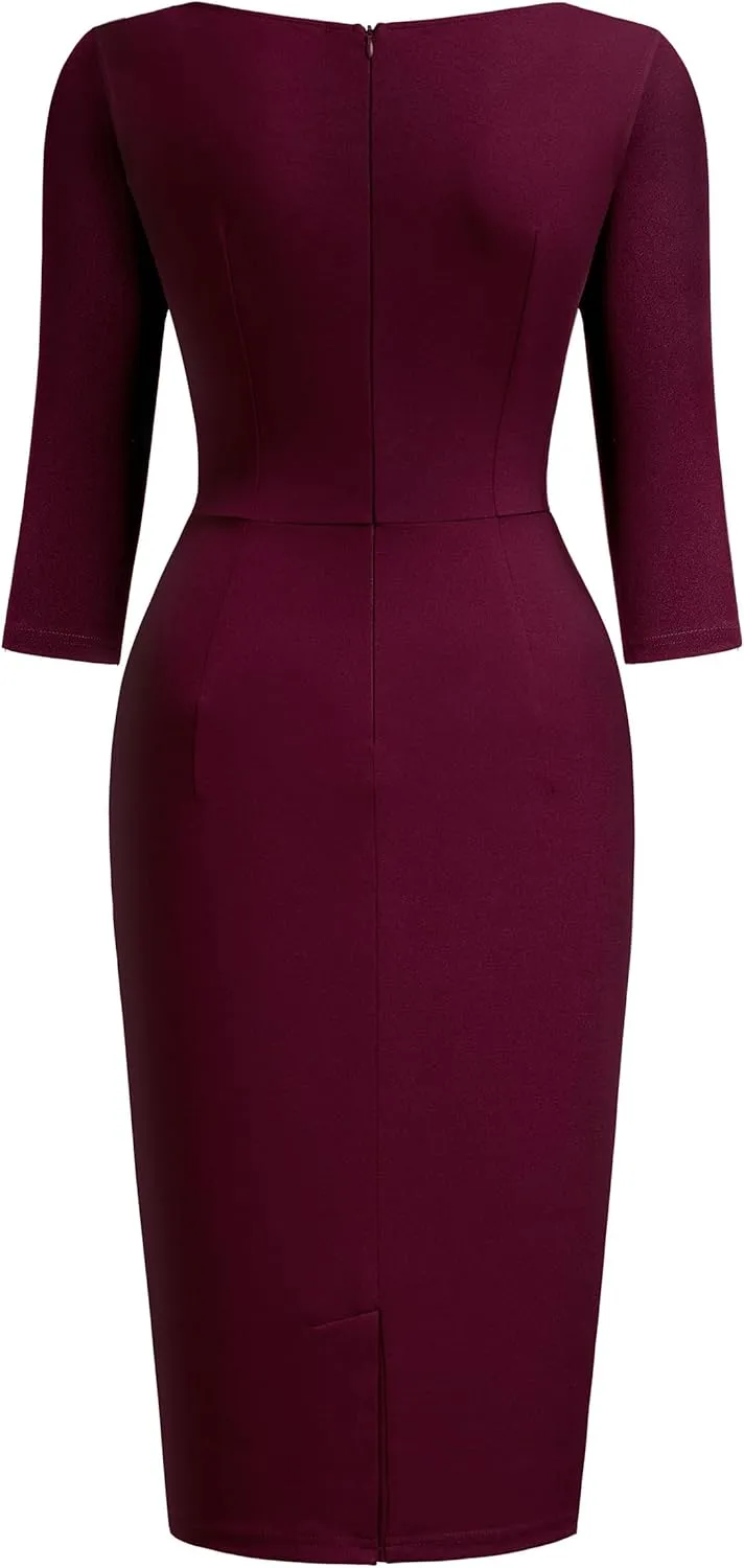 Miusol Women's Retro Ruffle Style 2/3 Sleeve Slim Work Pencil Dress