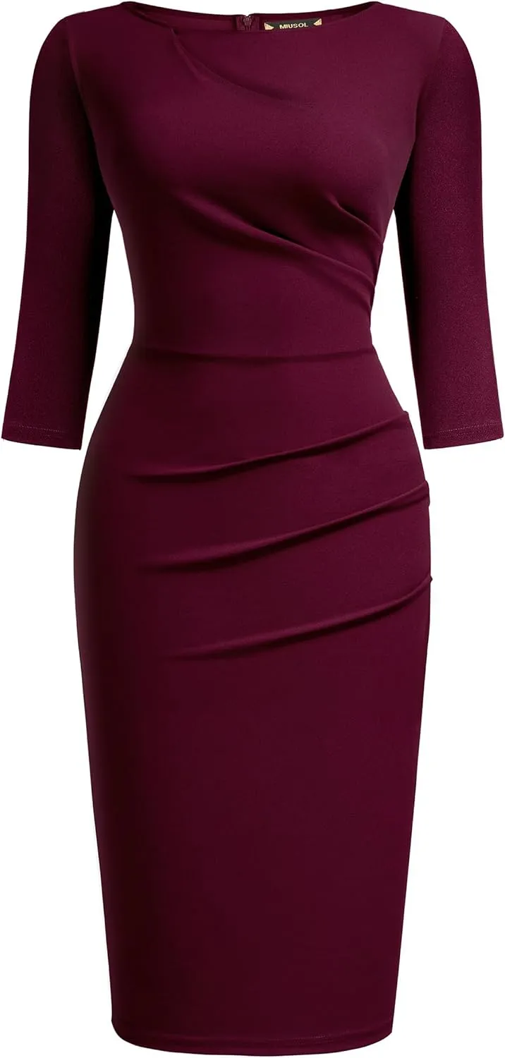 Miusol Women's Retro Ruffle Style 2/3 Sleeve Slim Work Pencil Dress