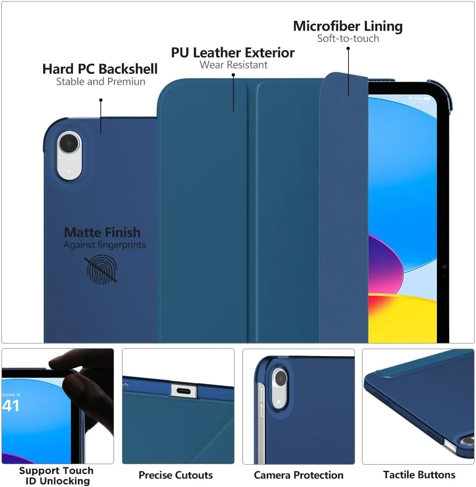 MoKo for iPad (A16) 11th Generation Case 11 Inch 2025, iPad 10th Generation Case 10.9 Inch 2022, Slim Stand Hard PC Translucent Back Shell Smart Cover, Support Touch ID, Auto Wake/Sleep, Dark Sea Blue