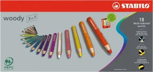Multi-talented Pencil - STABILO woody 3-in-1 - Wallet of 18 - Assorted Colors   Sharpener