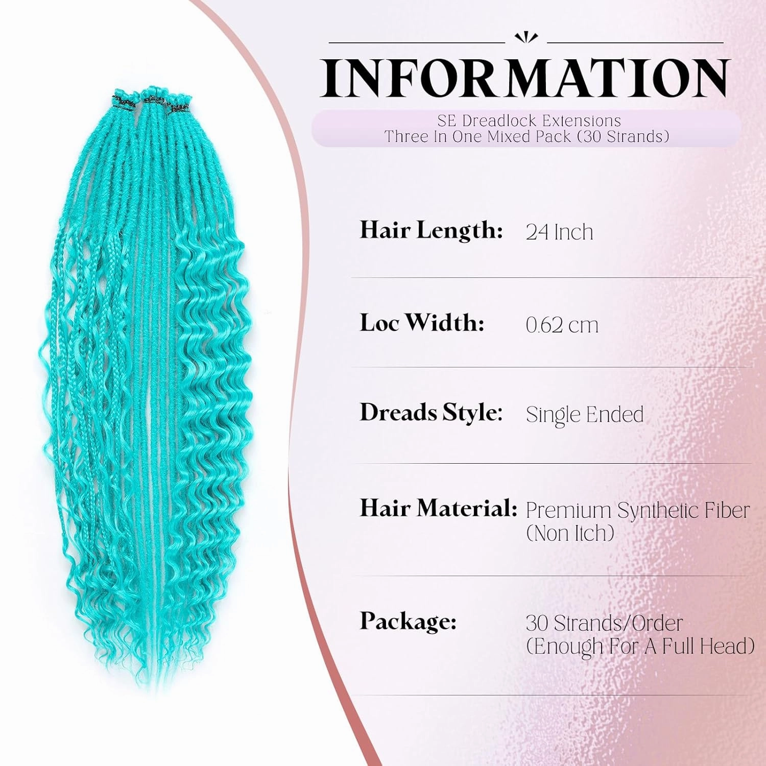 Ocean Green Dreadlock Extensions,30 Strands 24 Inch Single Ended 3 Styles(Straight&Curly&Boho Mixed) In 1 Set Dreadlocks Extension, Soft Synthetic SE Dreads Braid Locs for Women(3 in 1 set,Green#)