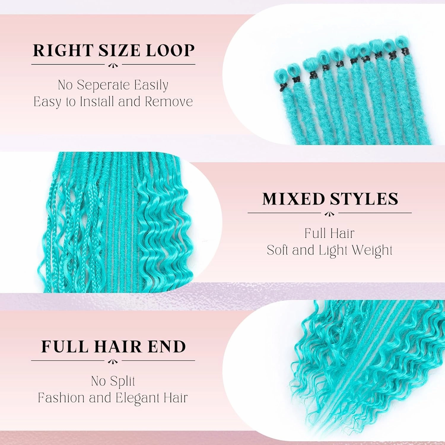 Ocean Green Dreadlock Extensions,30 Strands 24 Inch Single Ended 3 Styles(Straight&Curly&Boho Mixed) In 1 Set Dreadlocks Extension, Soft Synthetic SE Dreads Braid Locs for Women(3 in 1 set,Green#)