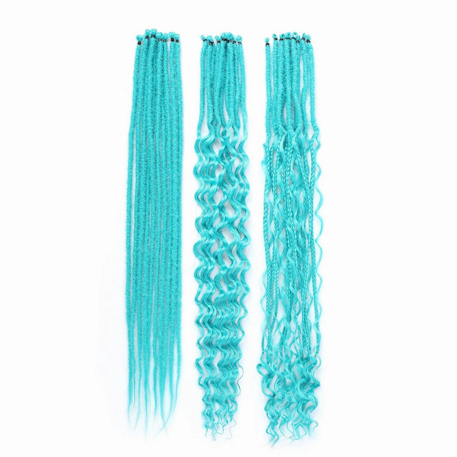 Ocean Green Dreadlock Extensions,30 Strands 24 Inch Single Ended 3 Styles(Straight&Curly&Boho Mixed) In 1 Set Dreadlocks Extension, Soft Synthetic SE Dreads Braid Locs for Women(3 in 1 set,Green#)