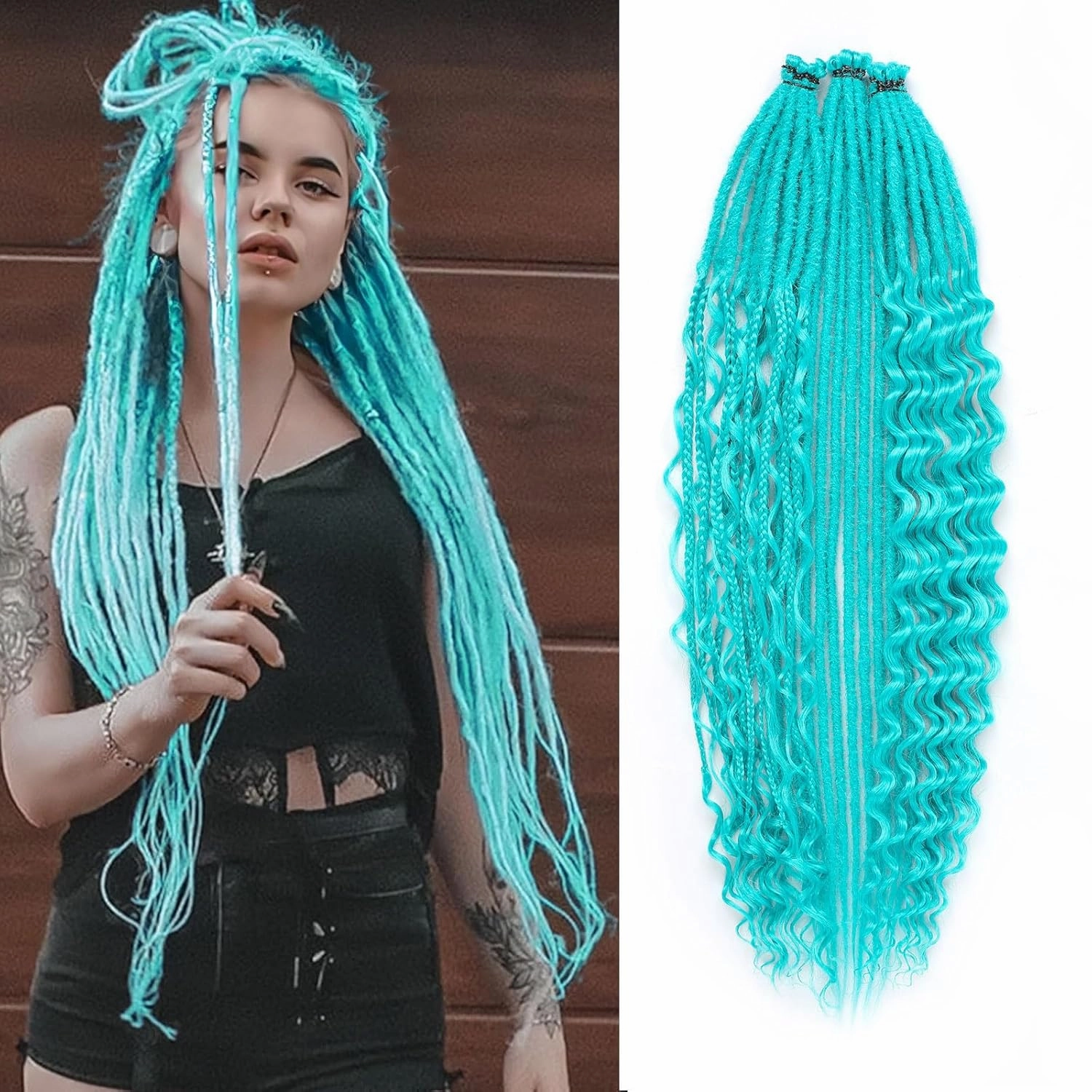 Ocean Green Dreadlock Extensions,30 Strands 24 Inch Single Ended 3 Styles(Straight&Curly&Boho Mixed) In 1 Set Dreadlocks Extension, Soft Synthetic SE Dreads Braid Locs for Women(3 in 1 set,Green#)
