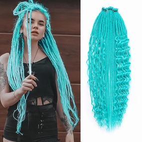 Ocean Green Dreadlock Extensions,30 Strands 24 Inch Single Ended 3 Styles(Straight&Curly&Boho Mixed) In 1 Set Dreadlocks Extension, Soft Synthetic SE Dreads Braid Locs for Women(3 in 1 set,Green#)