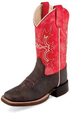 Old West Brow/Dark Pink Children Girls Leather Cowboy Boots
