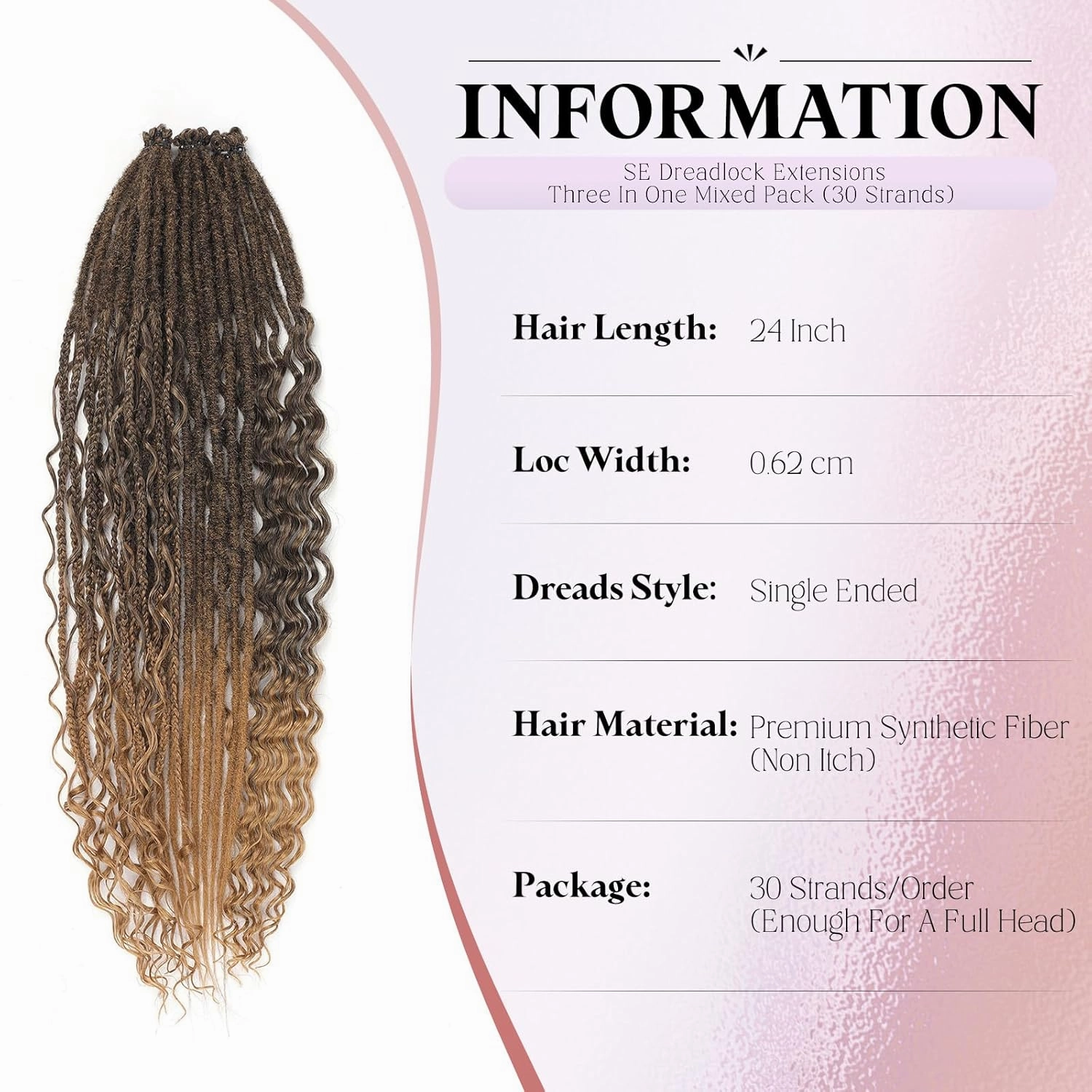 Ombre Honey Dreadlock Extensions,30 Strands 24 Inch Single Ended 3 Styles(Straight&Curly&Boho Mixed) In 1 Set Dreadlocks Extension, Soft Synthetic SE Dreads Braid Locs for Women(3 in 1 set,1B/27#)