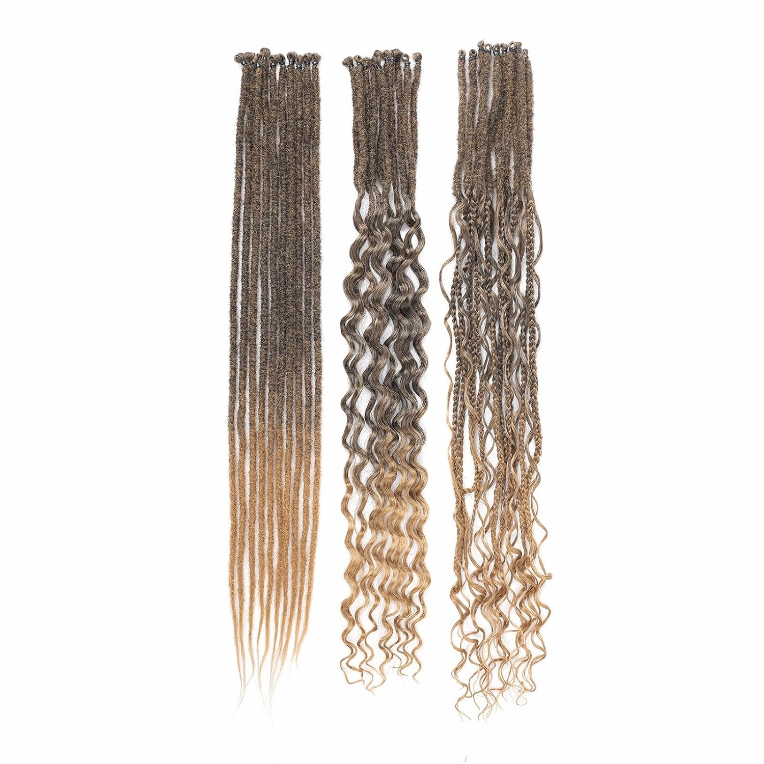 Ombre Honey Dreadlock Extensions,30 Strands 24 Inch Single Ended 3 Styles(Straight&Curly&Boho Mixed) In 1 Set Dreadlocks Extension, Soft Synthetic SE Dreads Braid Locs for Women(3 in 1 set,1B/27#)