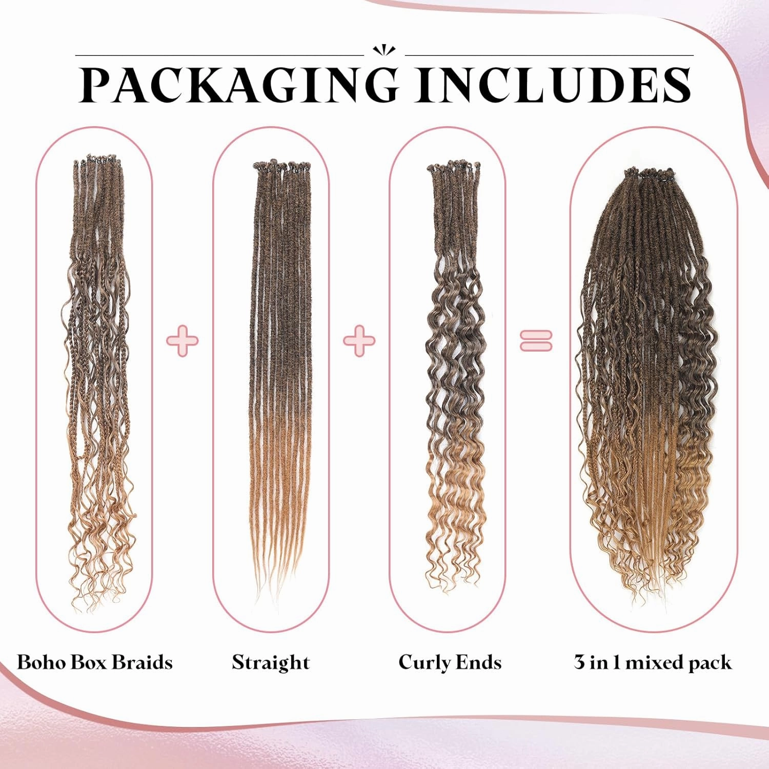 Ombre Honey Dreadlock Extensions,30 Strands 24 Inch Single Ended 3 Styles(Straight&Curly&Boho Mixed) In 1 Set Dreadlocks Extension, Soft Synthetic SE Dreads Braid Locs for Women(3 in 1 set,1B/27#)