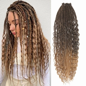 Ombre Honey Dreadlock Extensions,30 Strands 24 Inch Single Ended 3 Styles(Straight&Curly&Boho Mixed) In 1 Set Dreadlocks Extension, Soft Synthetic SE Dreads Braid Locs for Women(3 in 1 set,1B/27#)