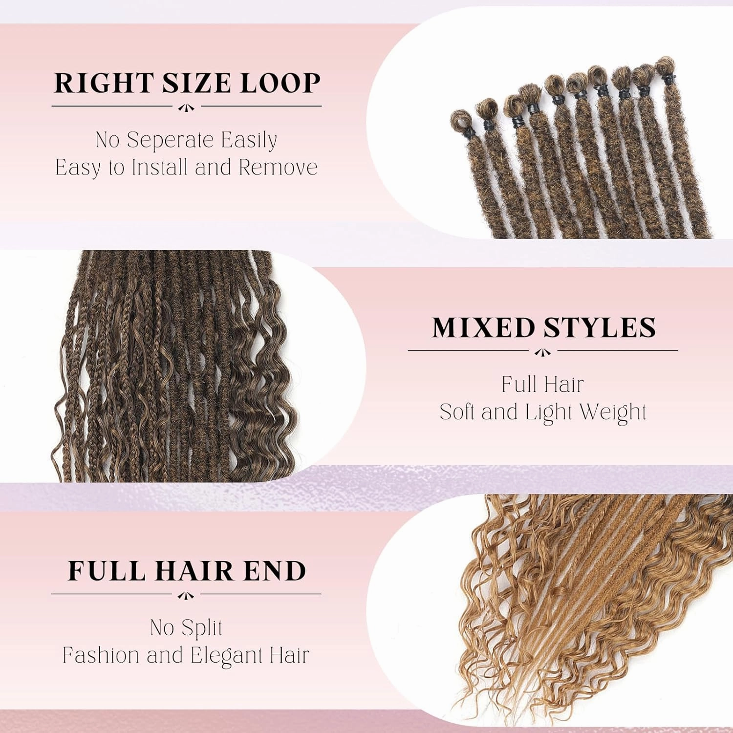 Ombre Honey Dreadlock Extensions,30 Strands 24 Inch Single Ended 3 Styles(Straight&Curly&Boho Mixed) In 1 Set Dreadlocks Extension, Soft Synthetic SE Dreads Braid Locs for Women(3 in 1 set,1B/27#)