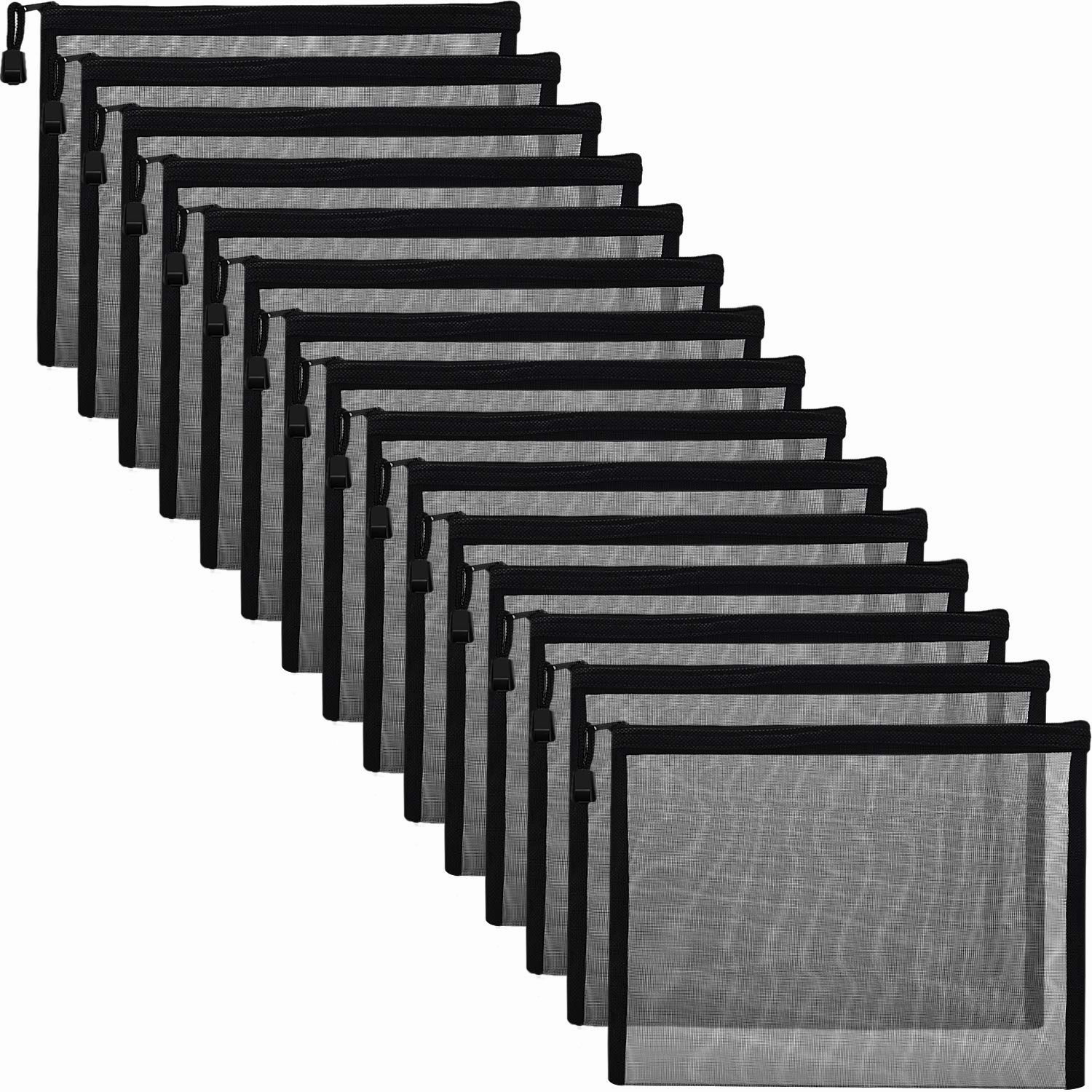 Outus 15 Pieces Mesh Bags Mesh Zipper Pouch Makeup Bags Cosmetic Travel Organizer Pouch Pencil Case(9.5 x 7.1 Inches,Black)