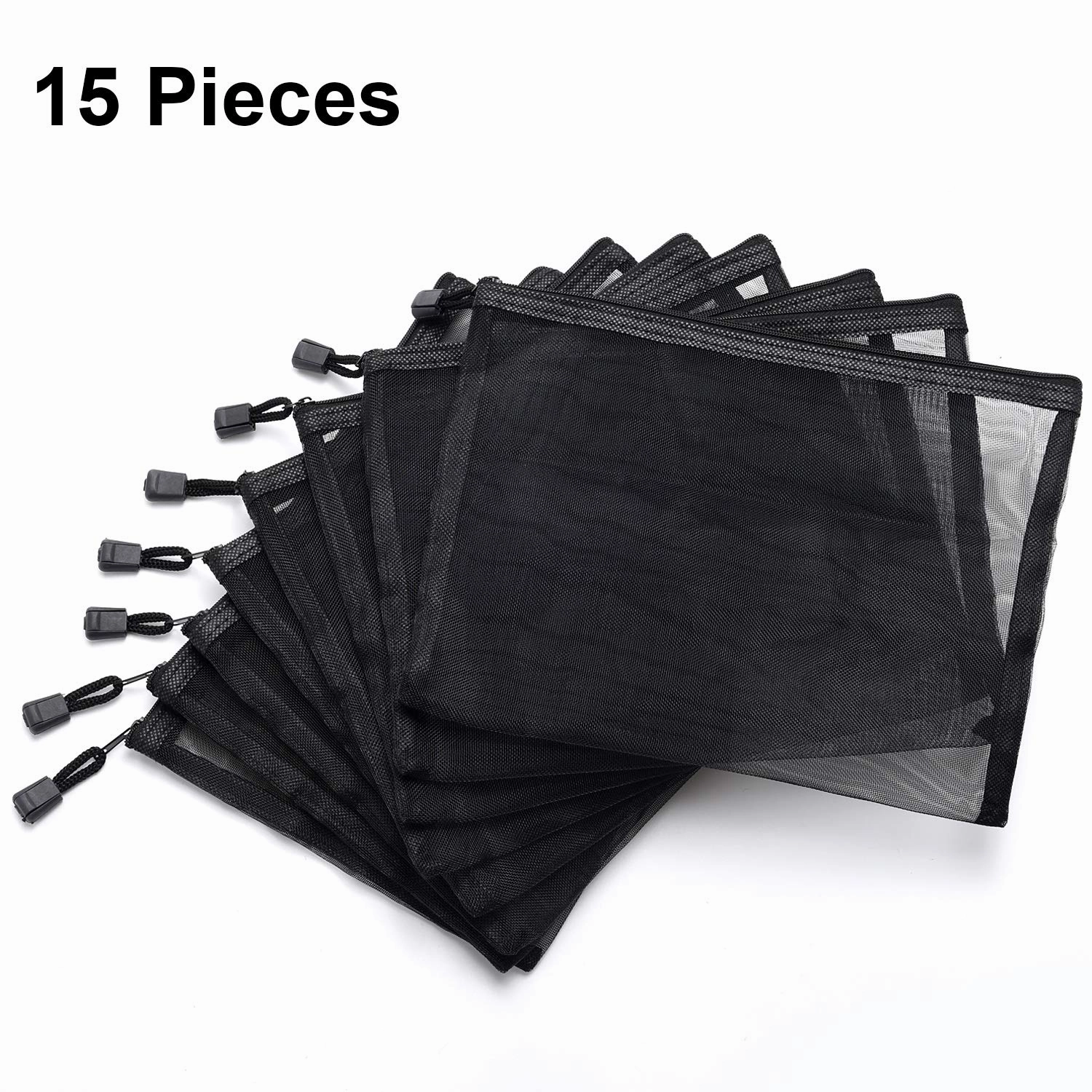 Outus 15 Pieces Mesh Bags Mesh Zipper Pouch Makeup Bags Cosmetic Travel Organizer Pouch Pencil Case(9.5 x 7.1 Inches,Black)