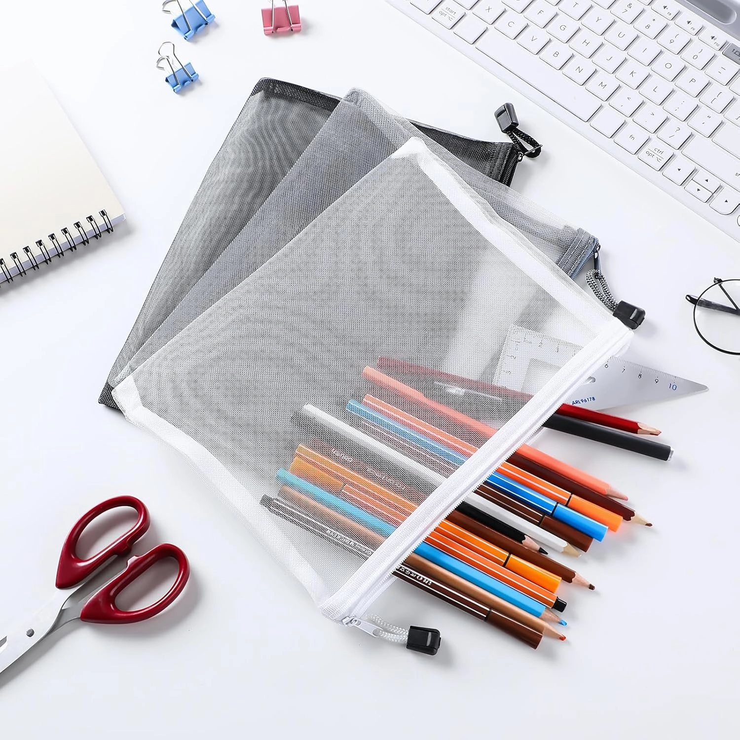 Outus 15 Pieces Mesh Bags Mesh Zipper Pouch Makeup Bags Cosmetic Travel Organizer Pouch Pencil Case(9.84 x 7.09 Inches,Black, Gray, White)