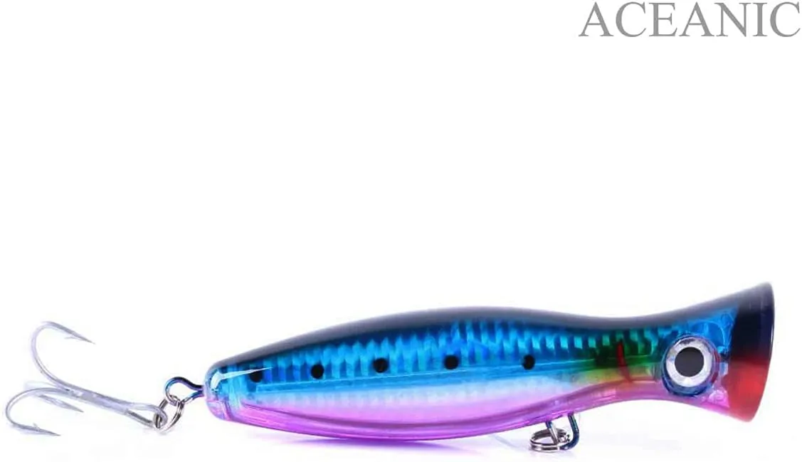 Pack of 3 Large Top Water Poppers 4.75 in/ 1.5 Oz Artificial Seal Lure 3D Eyes with Hooks and Ring for Saltwater Offshore, Surf Fishing Striped Bass, Bluefish
