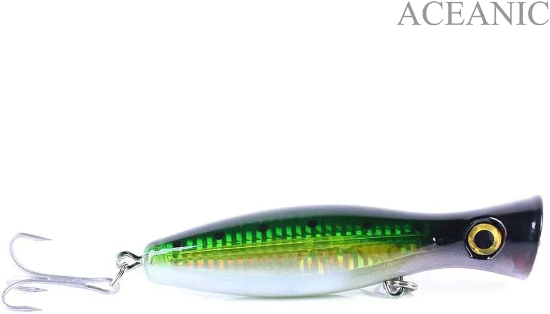 Pack of 3 Large Top Water Poppers 4.75 in/ 1.5 Oz Artificial Seal Lure 3D Eyes with Hooks and Ring for Saltwater Offshore, Surf Fishing Striped Bass, Bluefish