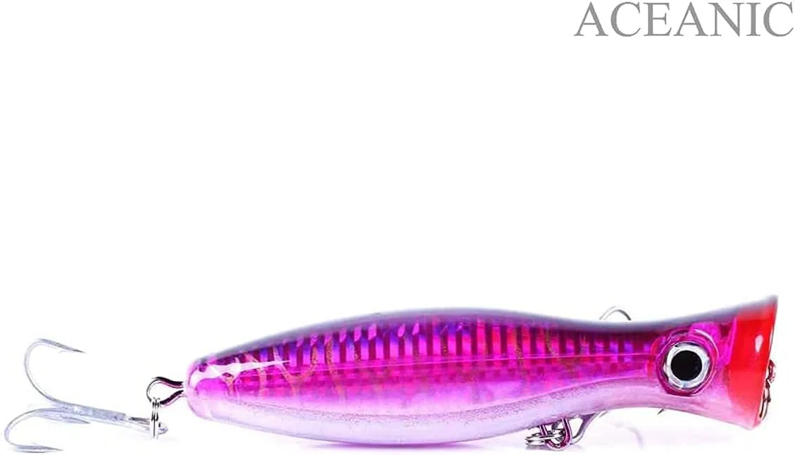 Pack of 3 Large Top Water Poppers 4.75 in/ 1.5 Oz Artificial Seal Lure 3D Eyes with Hooks and Ring for Saltwater Offshore, Surf Fishing Striped Bass, Bluefish