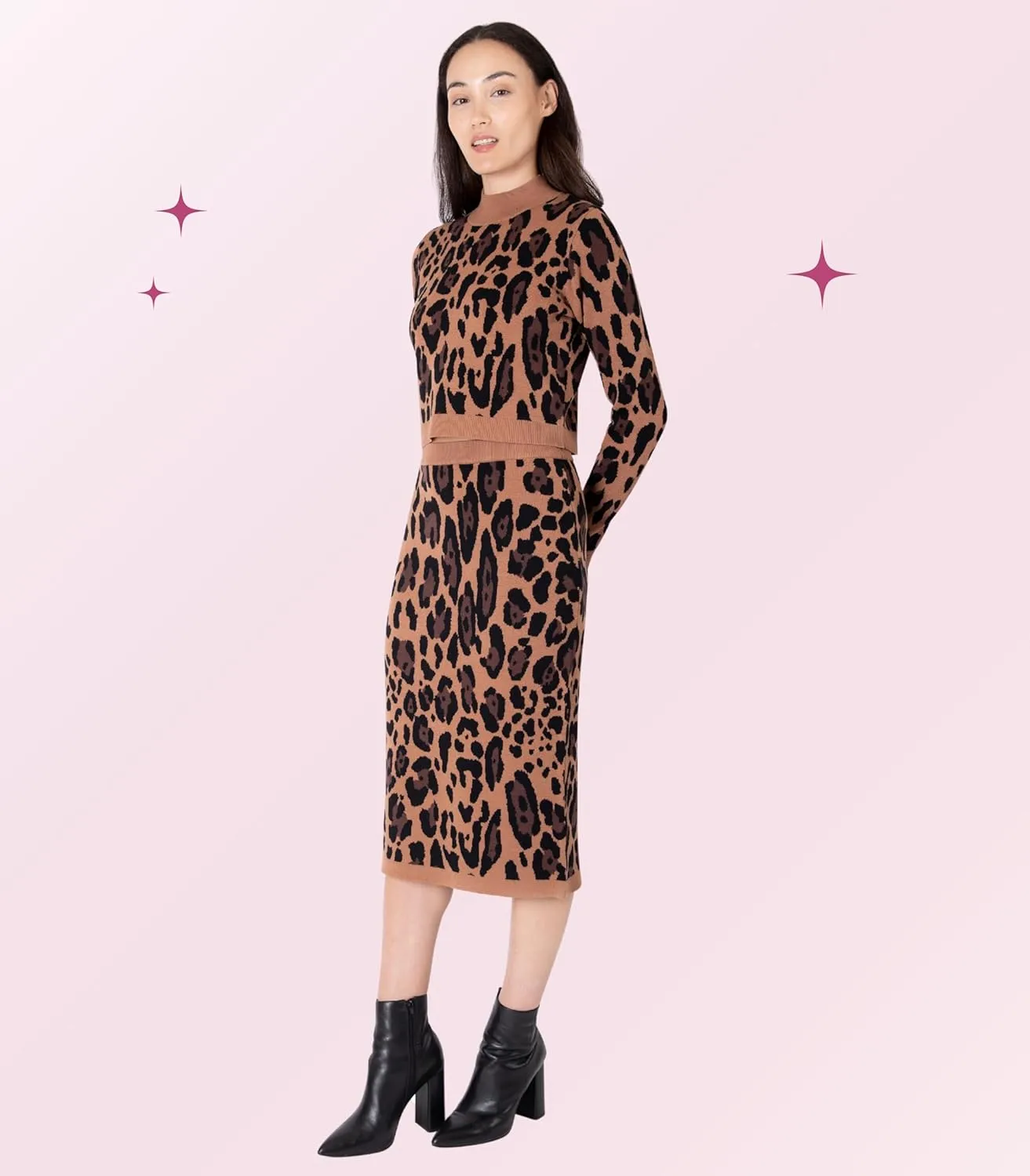 Paris Hilton Women's Mock Neck Sweater and Sweater Pencil Skirt Outfit Y2K Set, Leopard Animal Print
