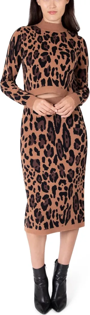 Paris Hilton Women's Mock Neck Sweater and Sweater Pencil Skirt Outfit Y2K Set, Leopard Animal Print
