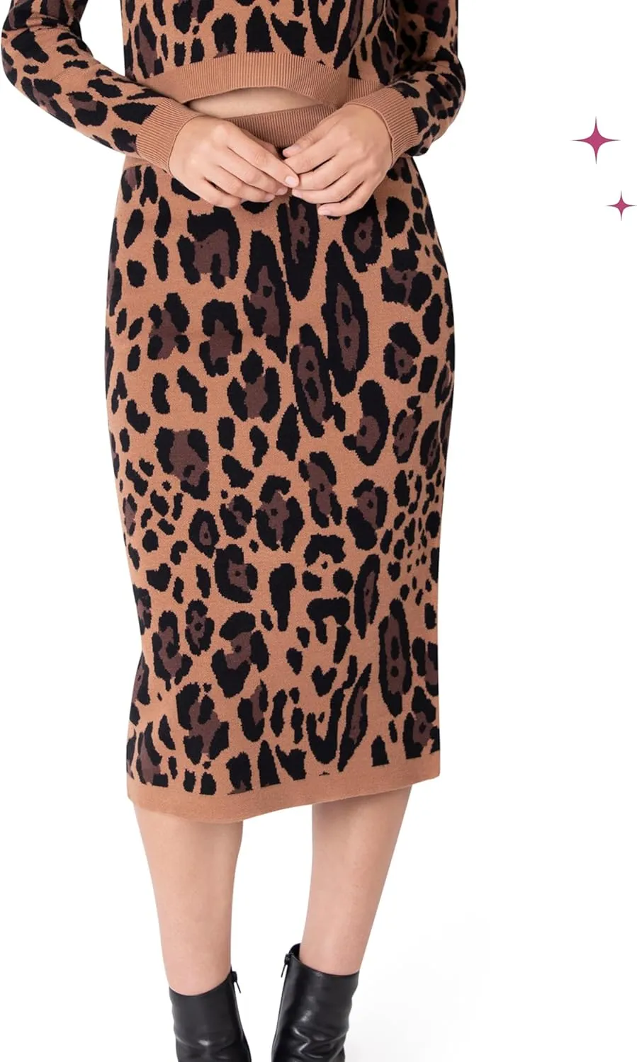 Paris Hilton Women's Mock Neck Sweater and Sweater Pencil Skirt Outfit Y2K Set, Leopard Animal Print
