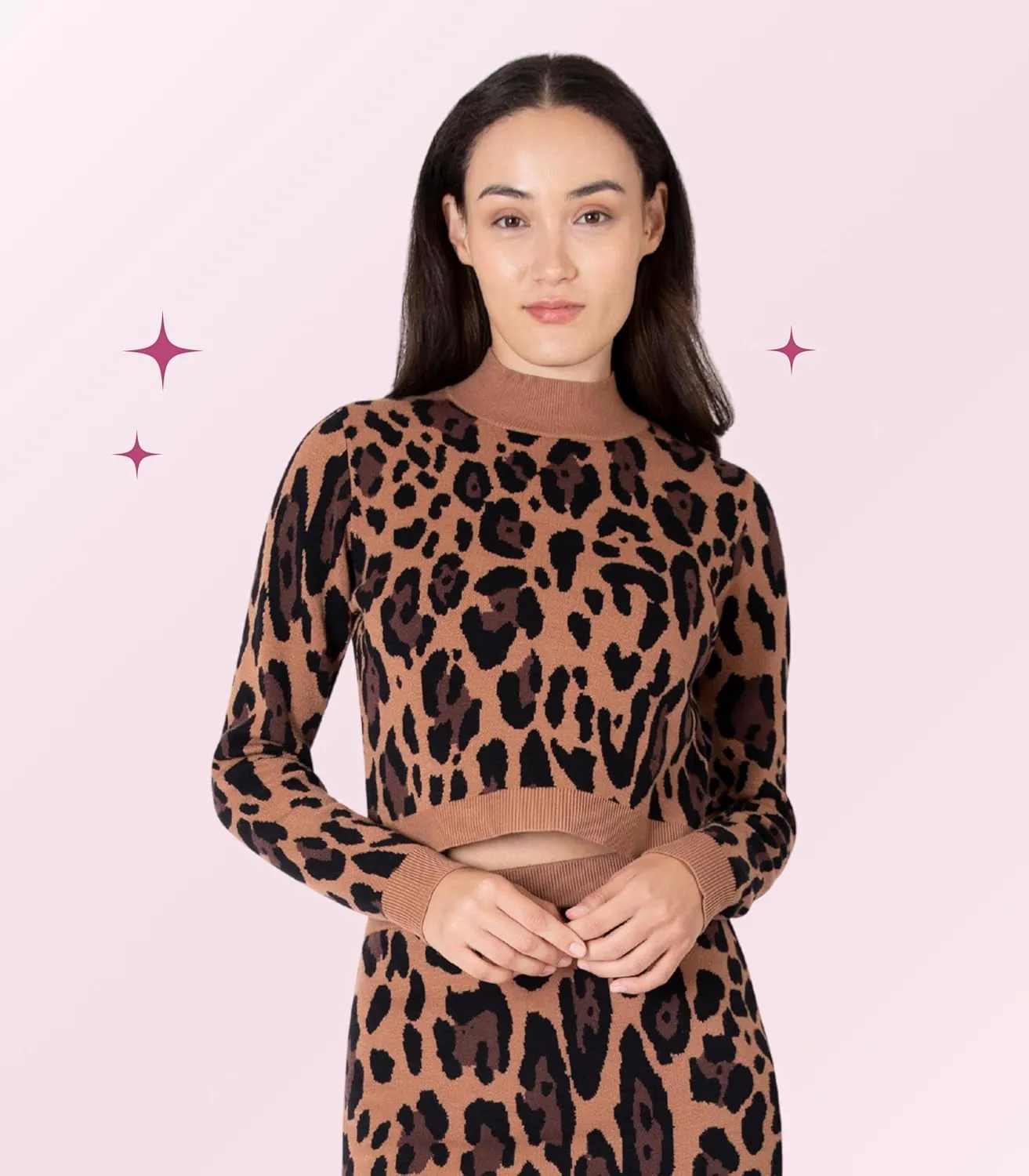Paris Hilton Women's Mock Neck Sweater and Sweater Pencil Skirt Outfit Y2K Set, Leopard Animal Print