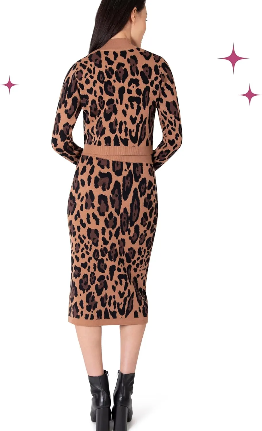 Paris Hilton Women's Mock Neck Sweater and Sweater Pencil Skirt Outfit Y2K Set, Leopard Animal Print