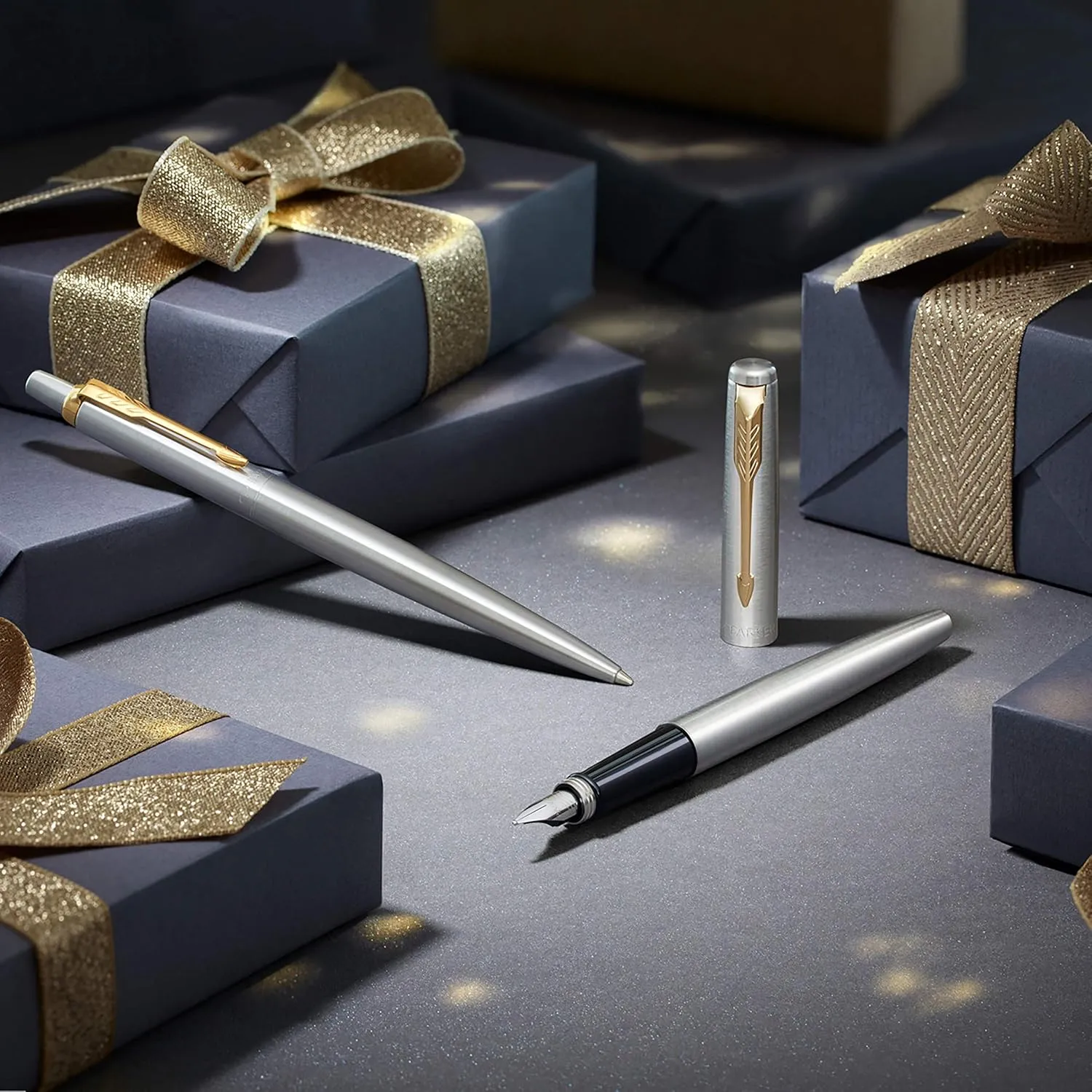 Parker Jotter Fountain Pen, Stainless Steel Body, Medium Point, Blue Ink, Includes Gift Box