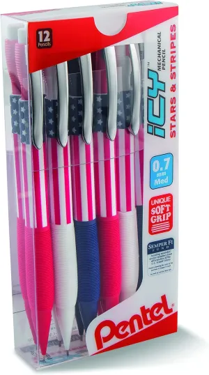 Pentel Icy Mechanical Pencil, (0.7mm) Medium Line, Flag Barrel, Assorted Grips (B/C/W) Clear Dozen Box