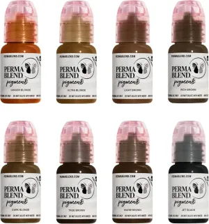 Perma Blend Sun-Kissed Palette Eyebrow Tattoo Ink Pigment Set, Professional Brow Microblading Supplies, Ultra, Dark and Ginger Blonde, Light, Warm, Rich and True Brown and Jet Black, 1/2 oz Bottles