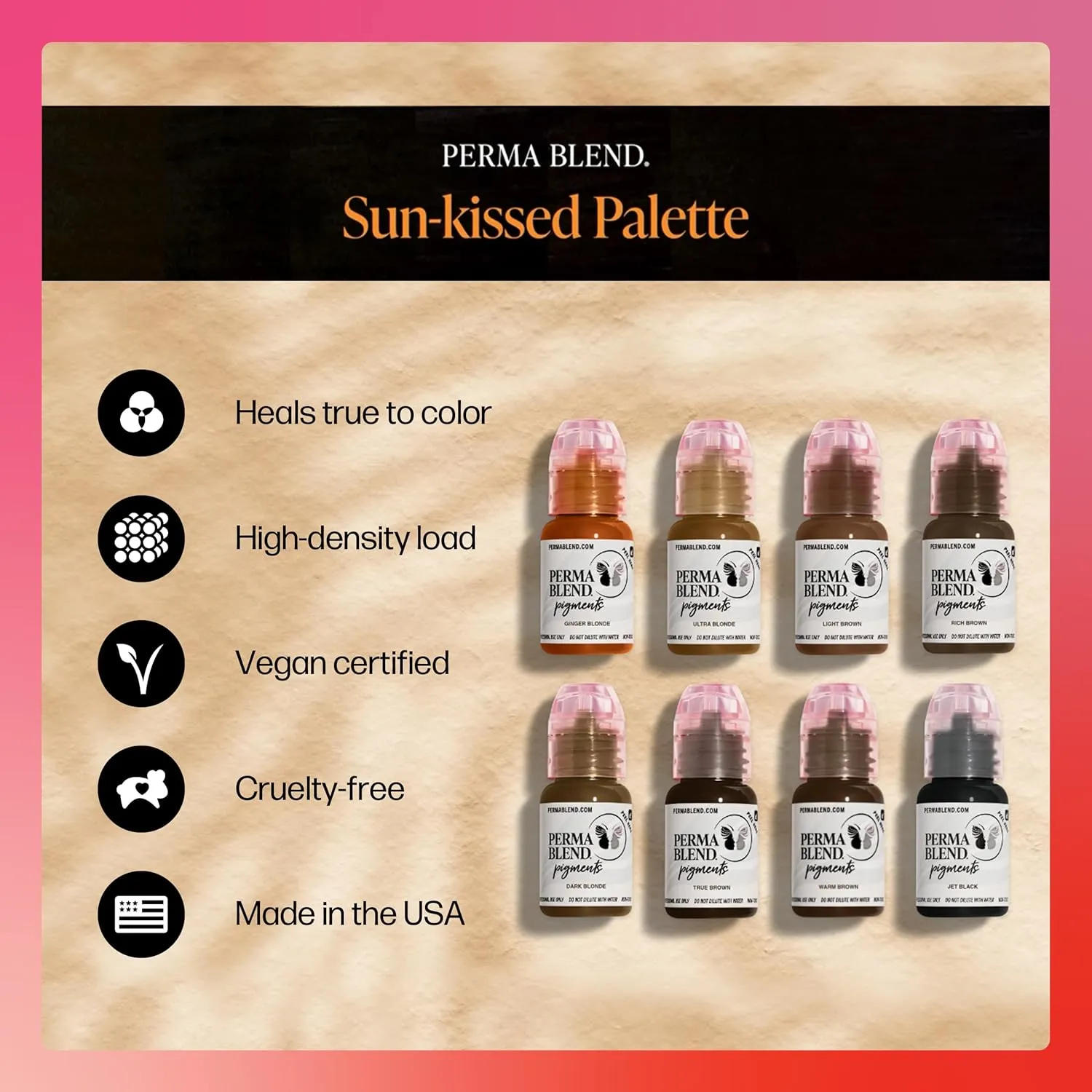 Perma Blend Sun-Kissed Palette Eyebrow Tattoo Ink Pigment Set, Professional Brow Microblading Supplies, Ultra, Dark and Ginger Blonde, Light, Warm, Rich and True Brown and Jet Black, 1/2 oz Bottles