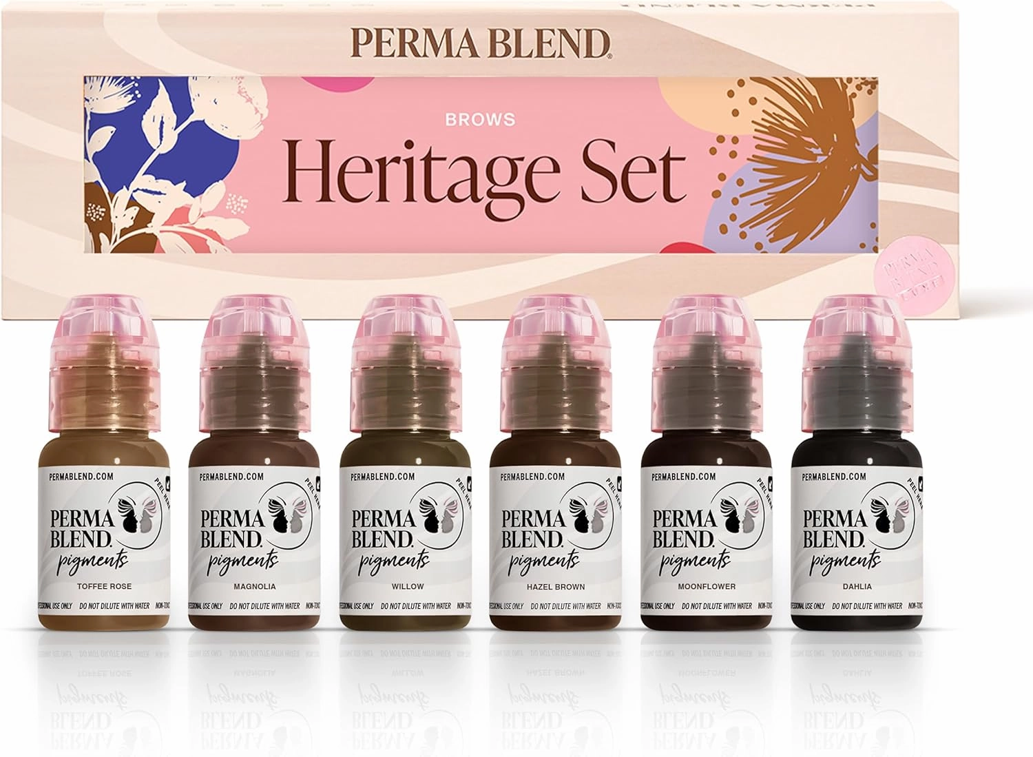 Perma Blend Heritage Eyebrow Tattoo Ink Pigment Set of 6, Professional Brow Tattoo Microblading Supplies, Toffee, Rose, Magnolia, Willow, Hazel Brown, Moonflower, and Dahlia, 0.5 oz Bottles