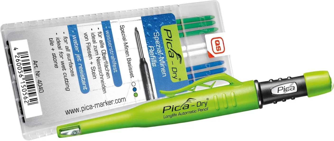 Pica 3030   4040 Dry Pen including Special Lead Base Set, Carpenter's Pencil, Green, Blue, White