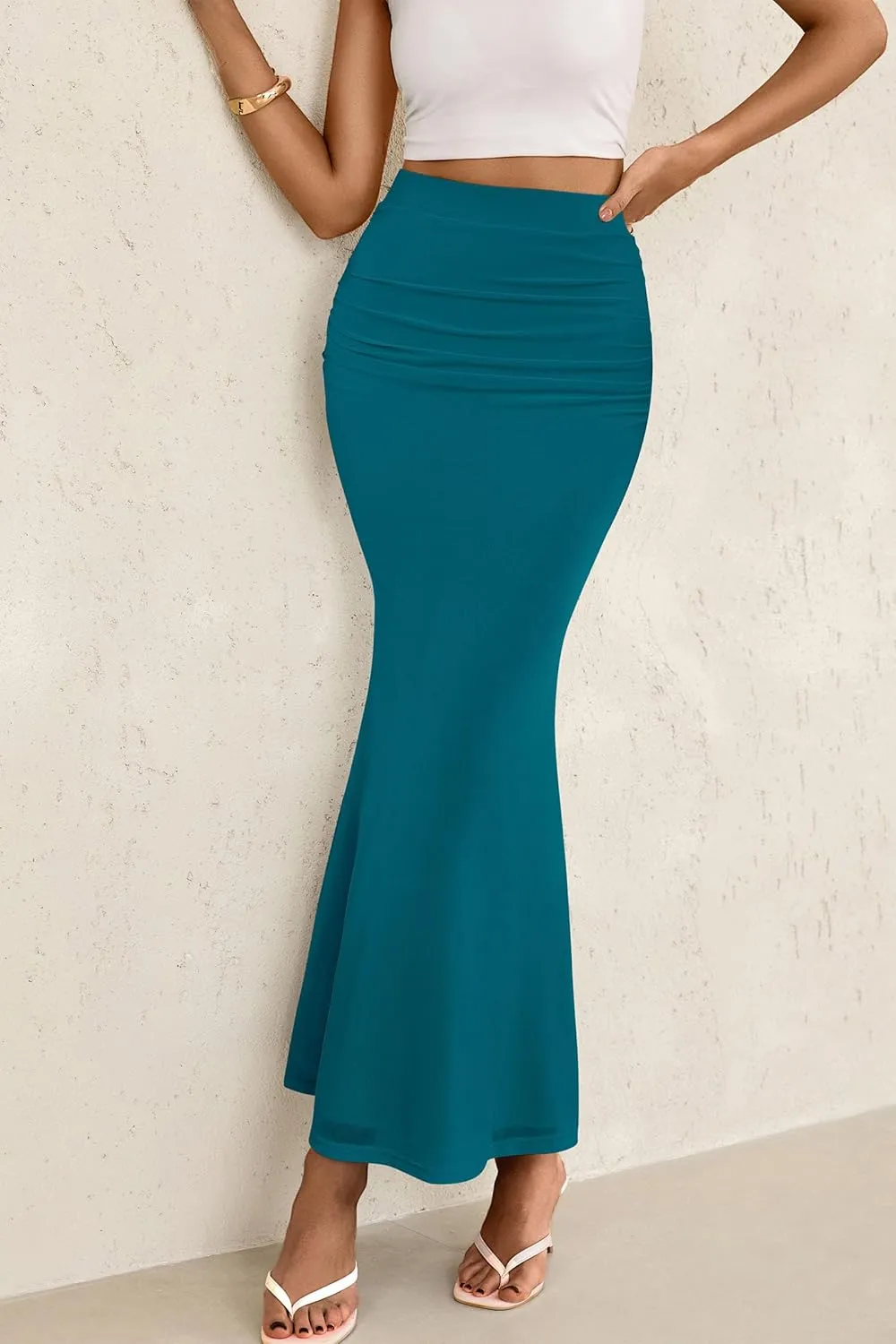PRETTYGARDEN Women Fitted Mesh Mermaid Skirt 2025 Spring Summer Casual High Waisted Ruched Maxi Long Bodycon Going Out Skirts