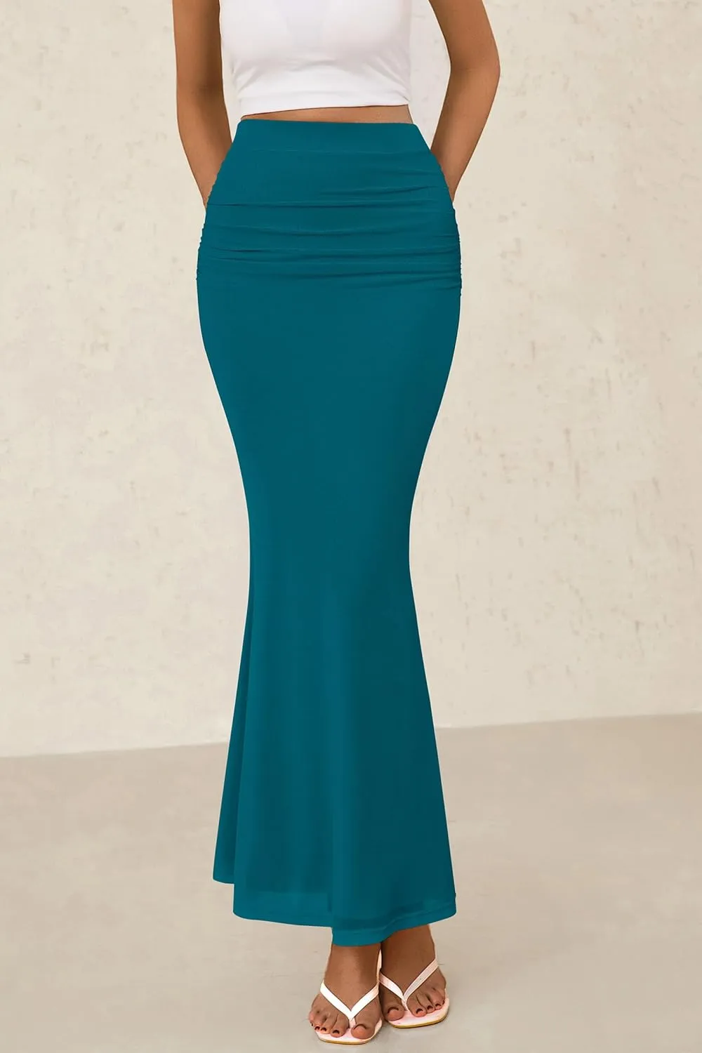 PRETTYGARDEN Women Fitted Mesh Mermaid Skirt 2025 Spring Summer Casual High Waisted Ruched Maxi Long Bodycon Going Out Skirts