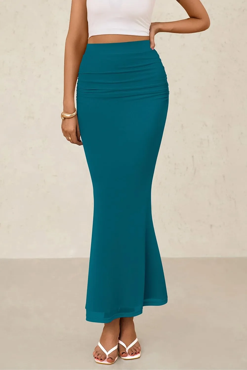 PRETTYGARDEN Women Fitted Mesh Mermaid Skirt 2025 Spring Summer Casual High Waisted Ruched Maxi Long Bodycon Going Out Skirts