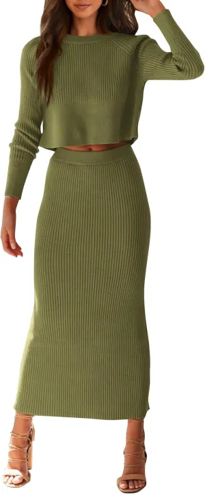 PRETTYGARDEN Women's Spring Fall 2 Piece Sweater Set Rib Knit Long Sleeve Crop Top Maxi Bodycon Skirt Casual Winter Outfits